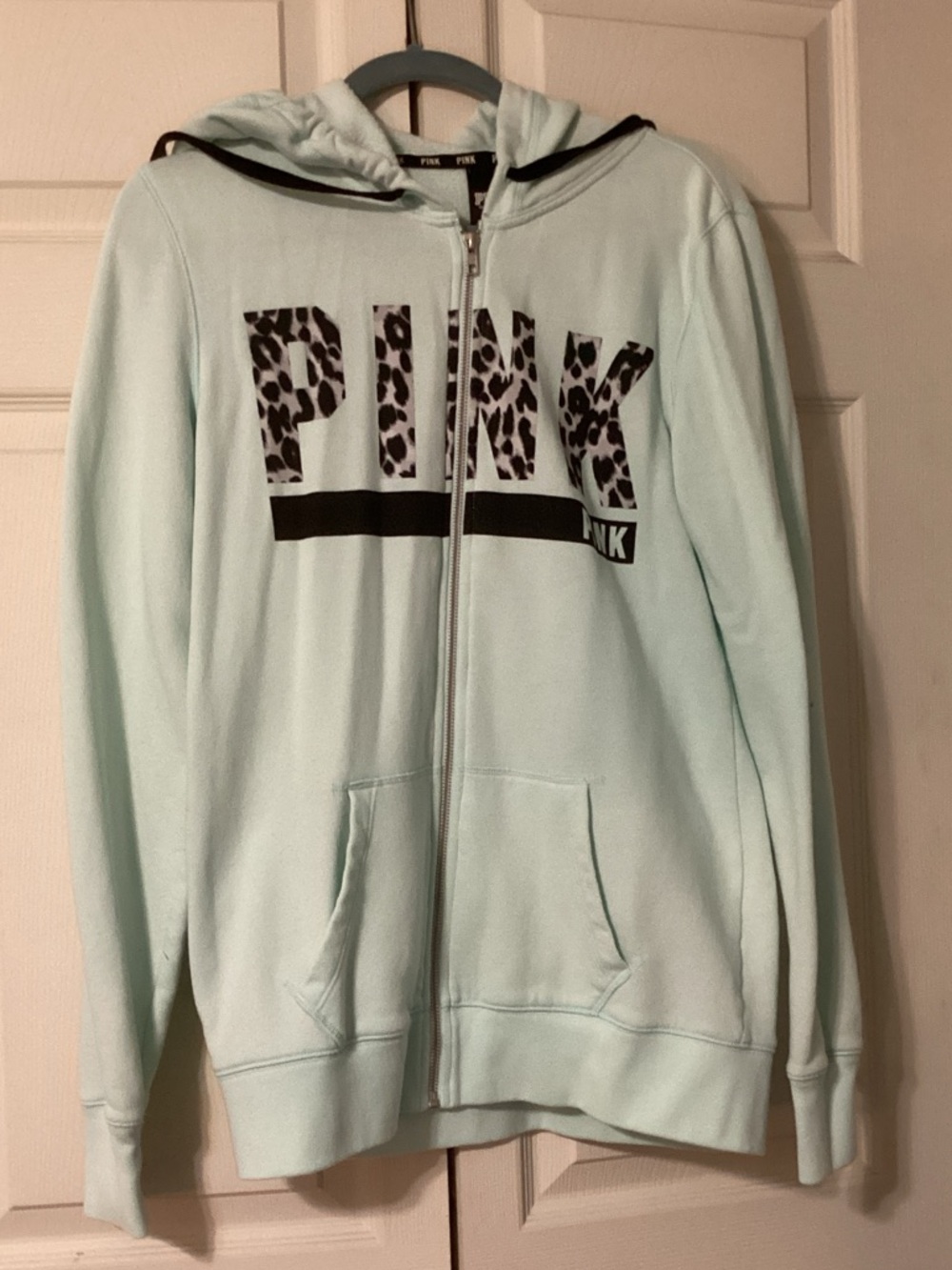 PINK Victoria's Secret Mint Zip-Up Hoodie with Leopard Logo